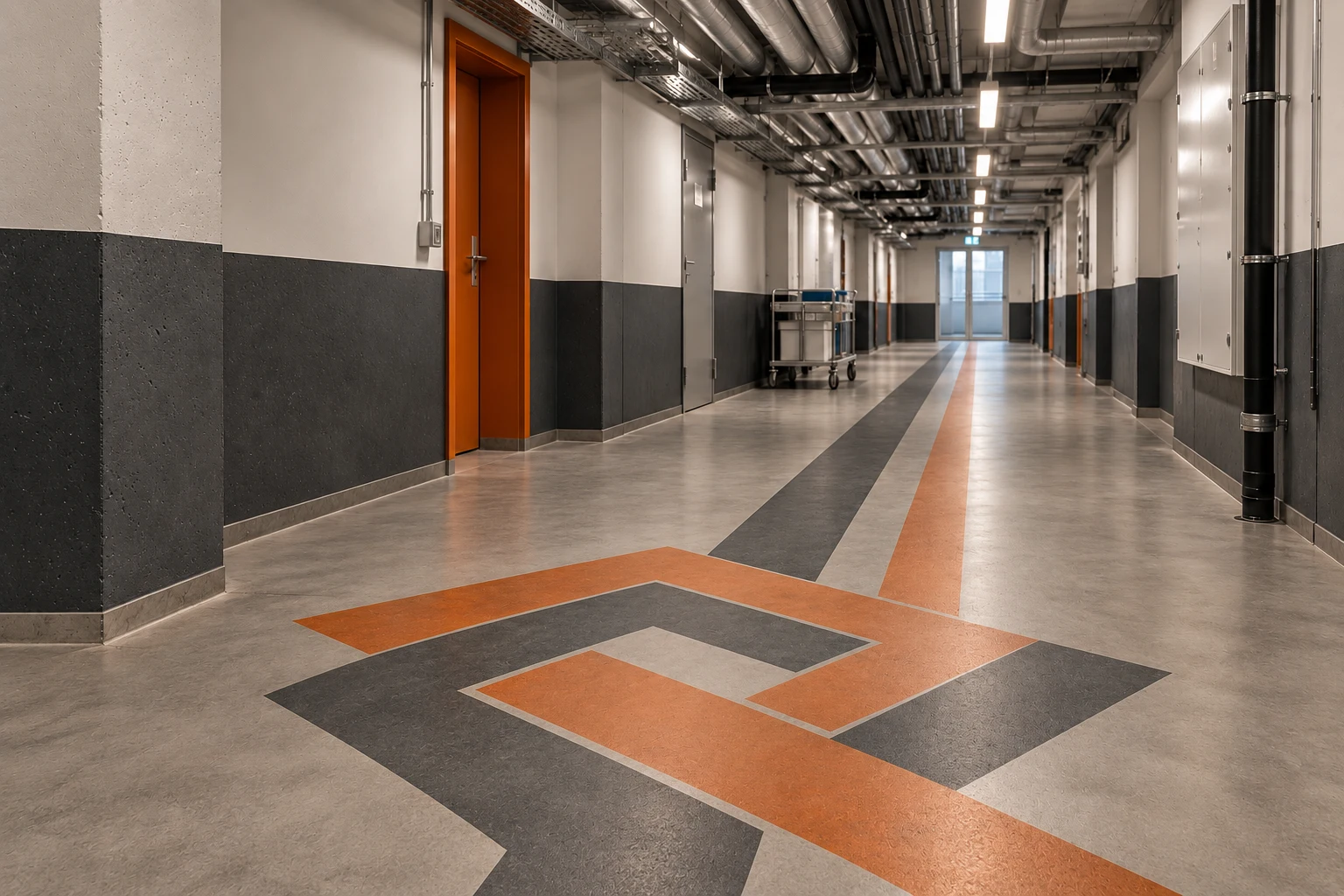 Illustrerad kulvert med en fiktiv geometrisk logotyp och färgstråk i microcement